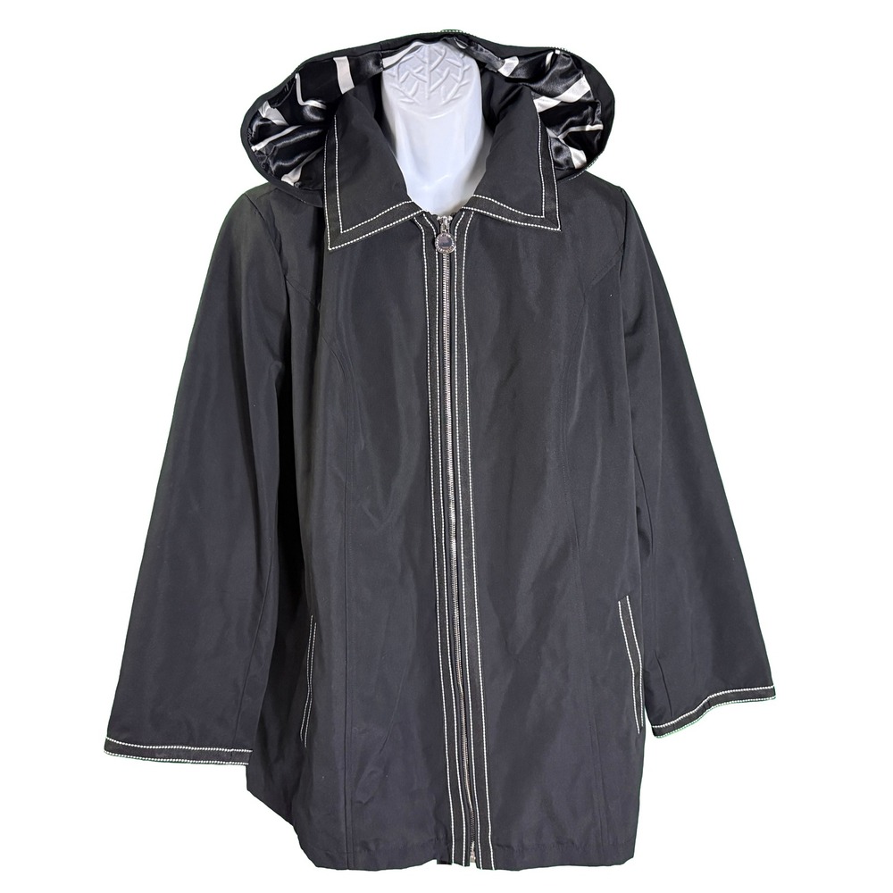 Dennis by Dennis Basso Raincoat Womens XL Black Hooded Contrast Stitch A289173